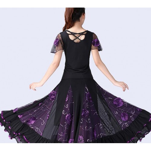 Women's tango waltz ballroom dancing tops and skirts competition embroidery flowers stage performance flamenco skirts